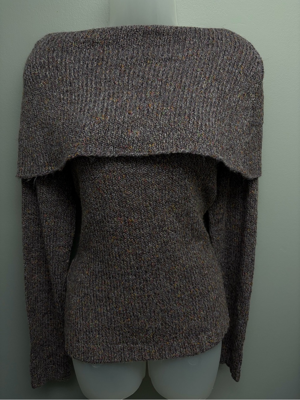 Vintage Foldover Off-the-Shoulder Sweater in Heathered Purple-Gray
